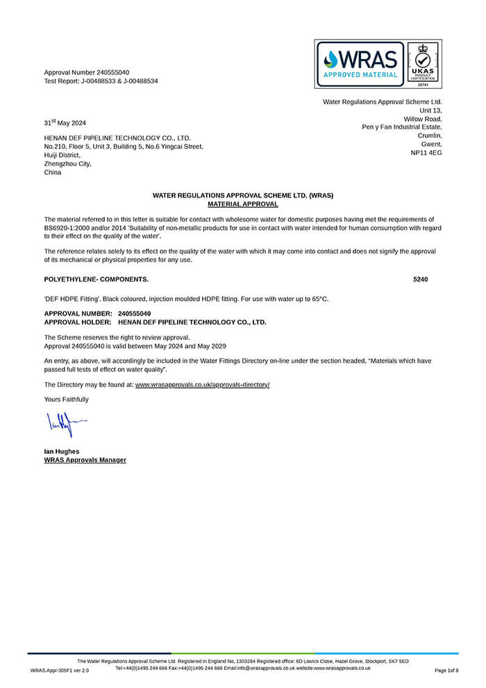 the WRAS certificate certified by the Water UK