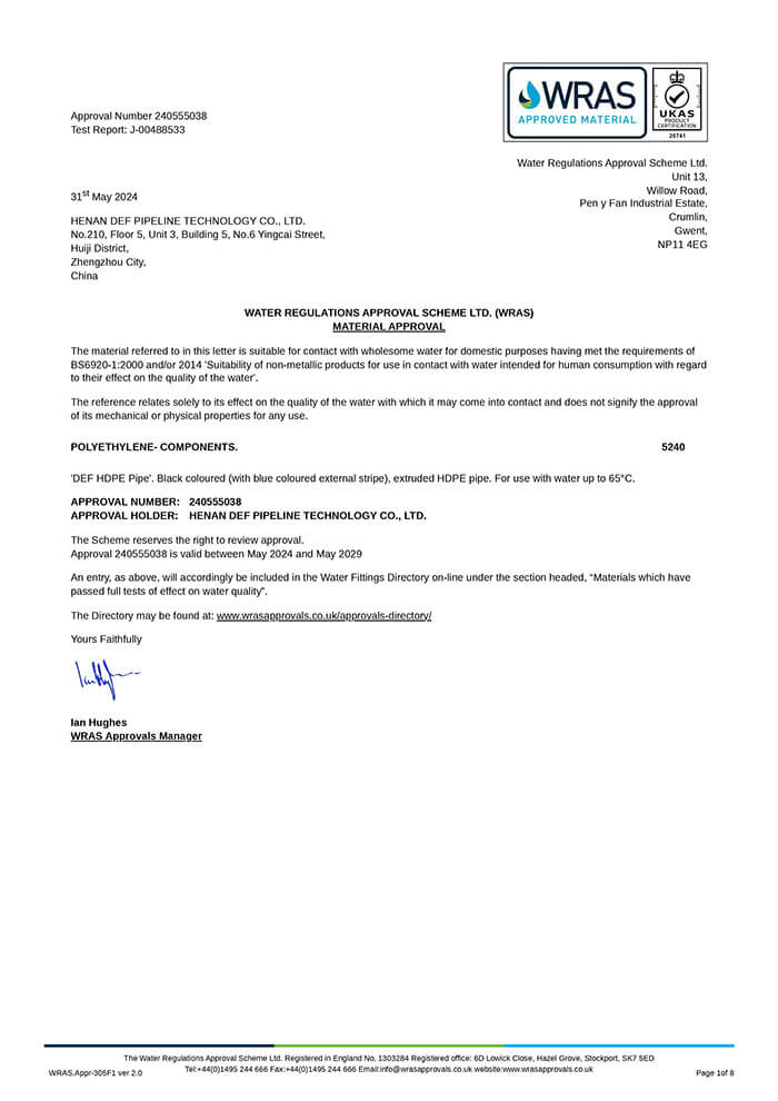 the WRAS certificate certified by the Water UK
