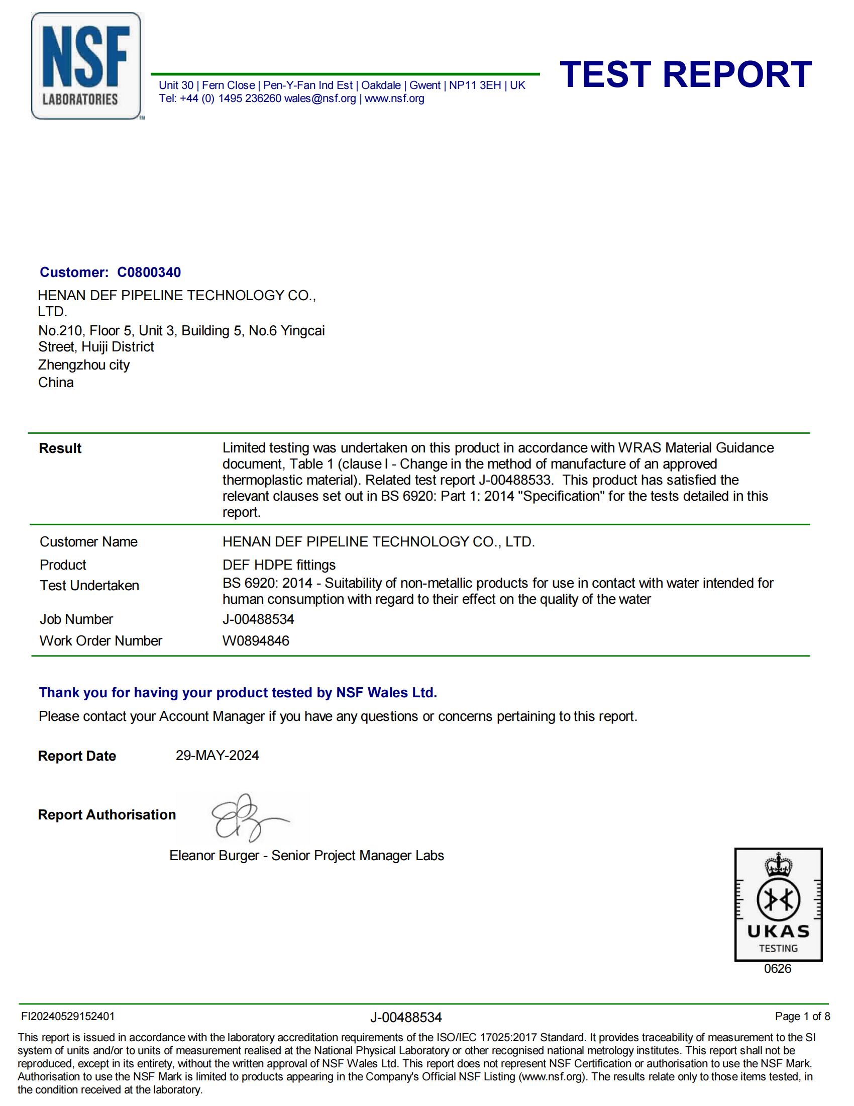 NSF Wales Test Report Fittings
