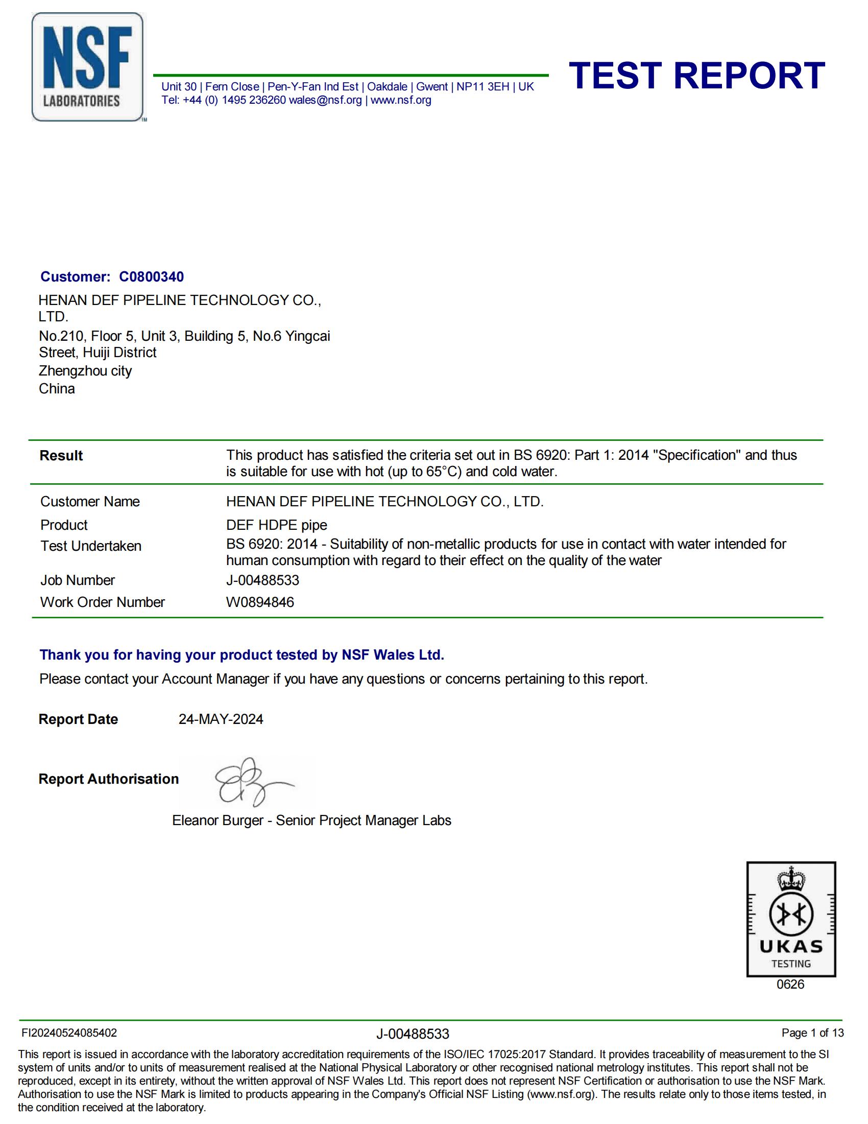 NSF Wales Test Report Pipe
