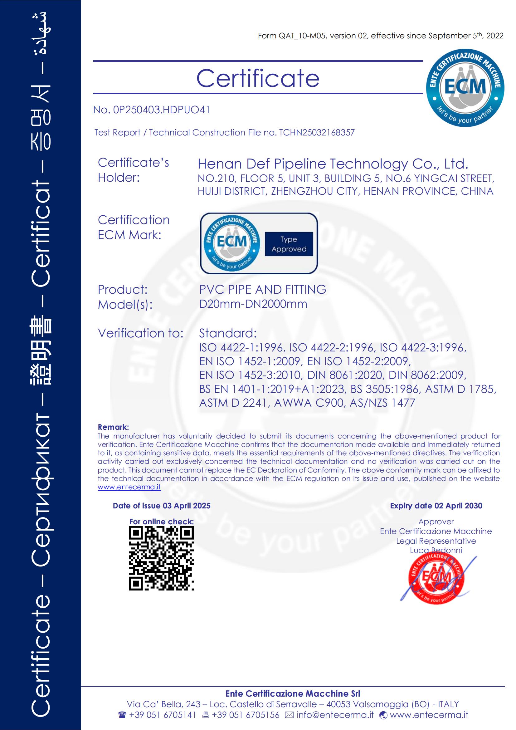 PVC Multi-Standards Certificate